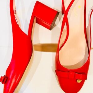 kate spade Red Leather Block Heel Slingback Pumps with Bow Accent